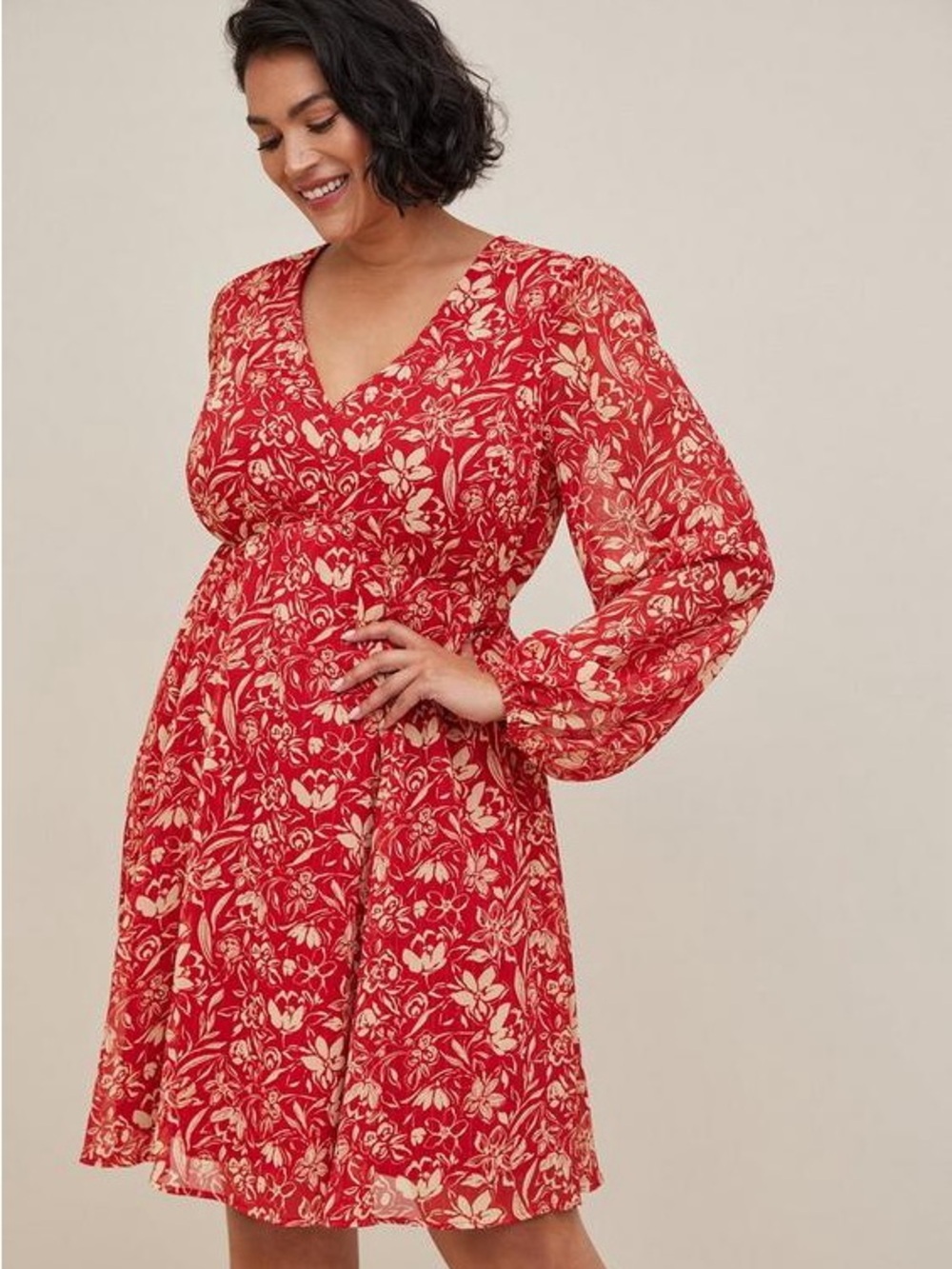 torrid Red Floral V-Neck Long Sleeve Mini Dress - Picture 2 of 5